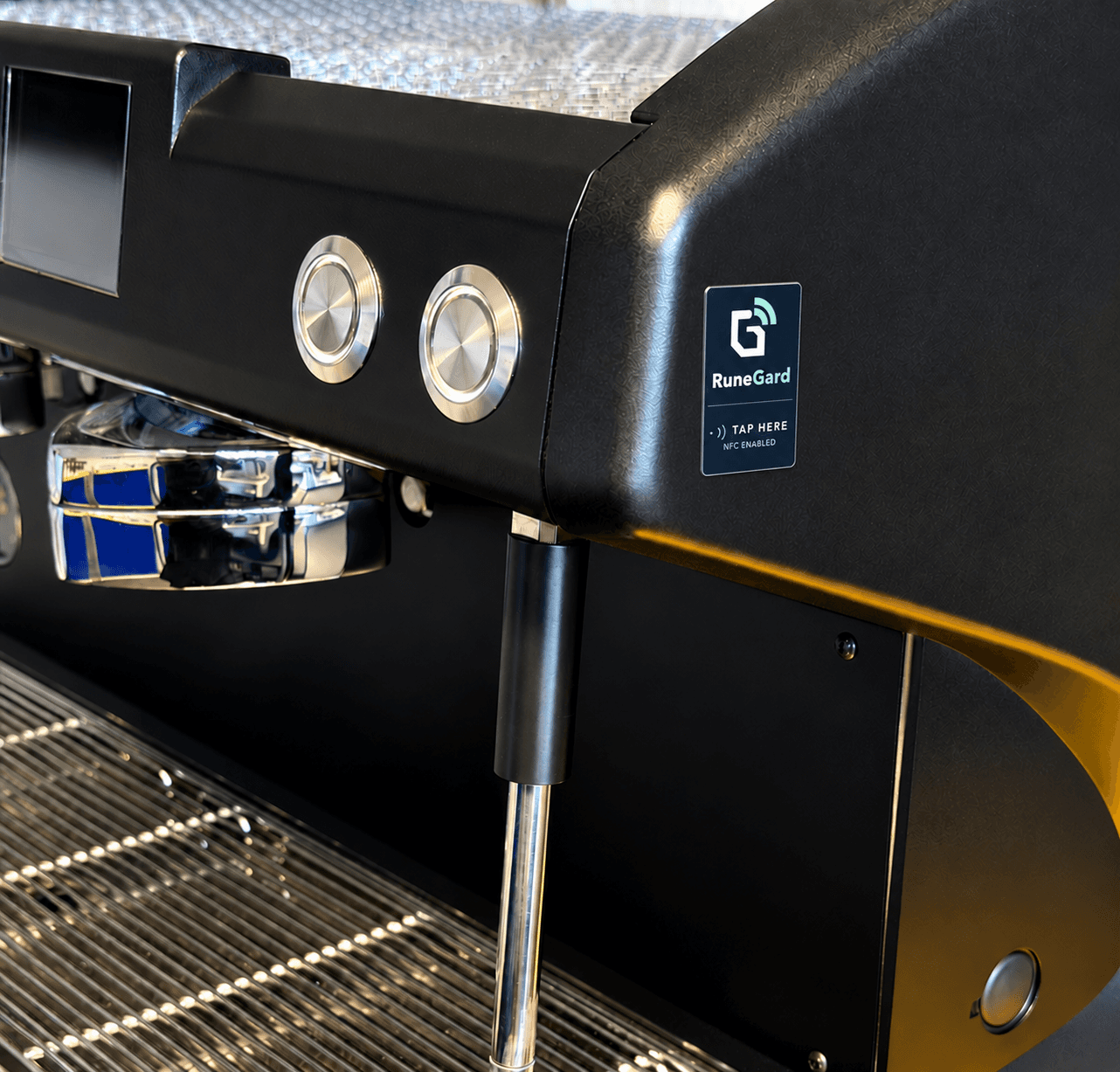 RuneGard NFC tag attached to professional Reneka espresso equipment